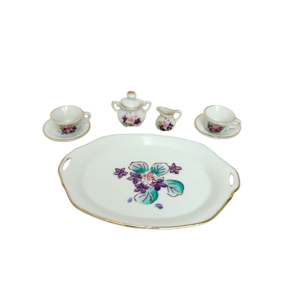 EW JAPAN Vintage Miniature Porcelain Tea Set Floral Serving Tray Cups